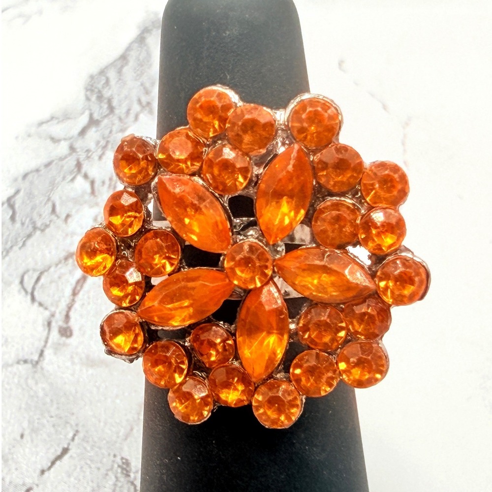 Orange Glass Cluster Statement Ring Silver Tone Adjustable Size 5–5.5 New